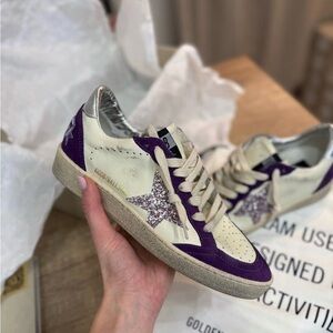 Golden Goose Ball Star Sneaker White Leather/Purple/Glitter sz 38 New in Box